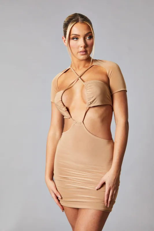 Camel Cut Out Front Short Sleeves Mini Dress - Yui sold by Rebellious Fashion