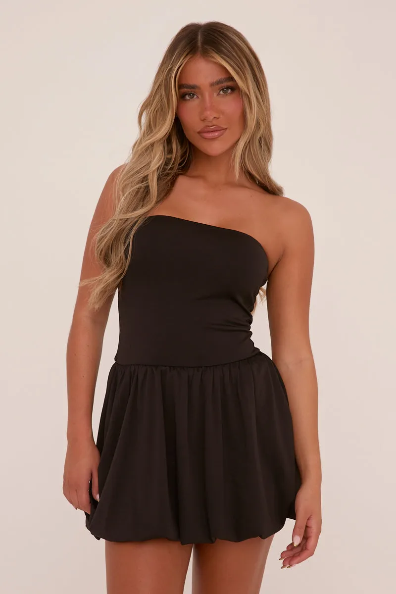 Black Bandeau Drop Waist Puffball Detail Mini Dress - Saffiya sold by Rebellious Fashion product image thumbnail 3