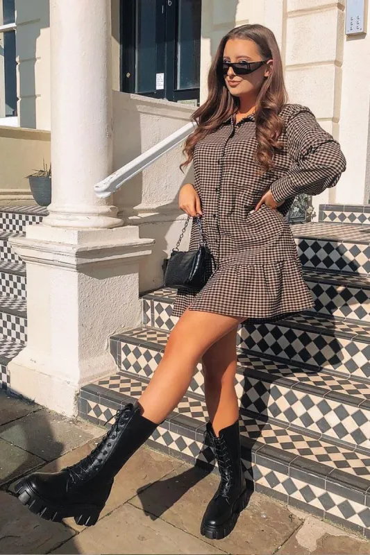 Camel Gingham Frill Hem Mini Shirt Dress - Iyla sold by Rebellious Fashion