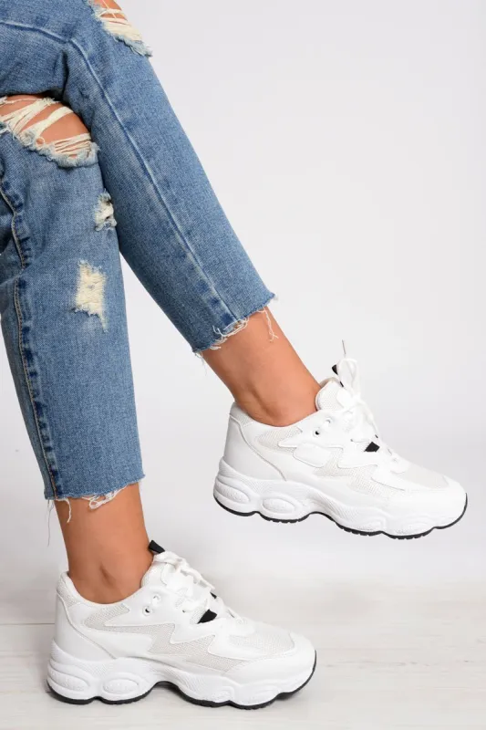 White Chunky Lace Up Trainers - Dita sold by Rebellious Fashion