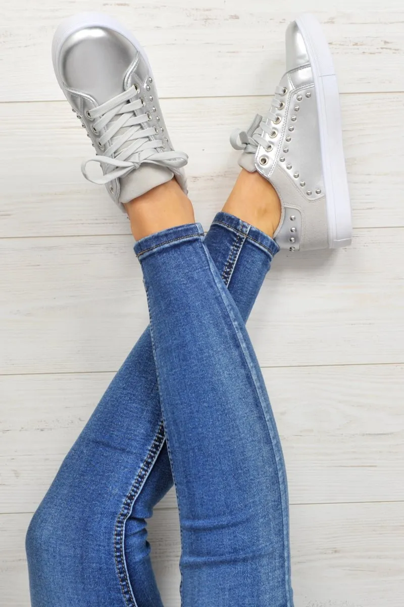 Silver Lace Up Studded Trainers - Danaly sold by Rebellious Fashion