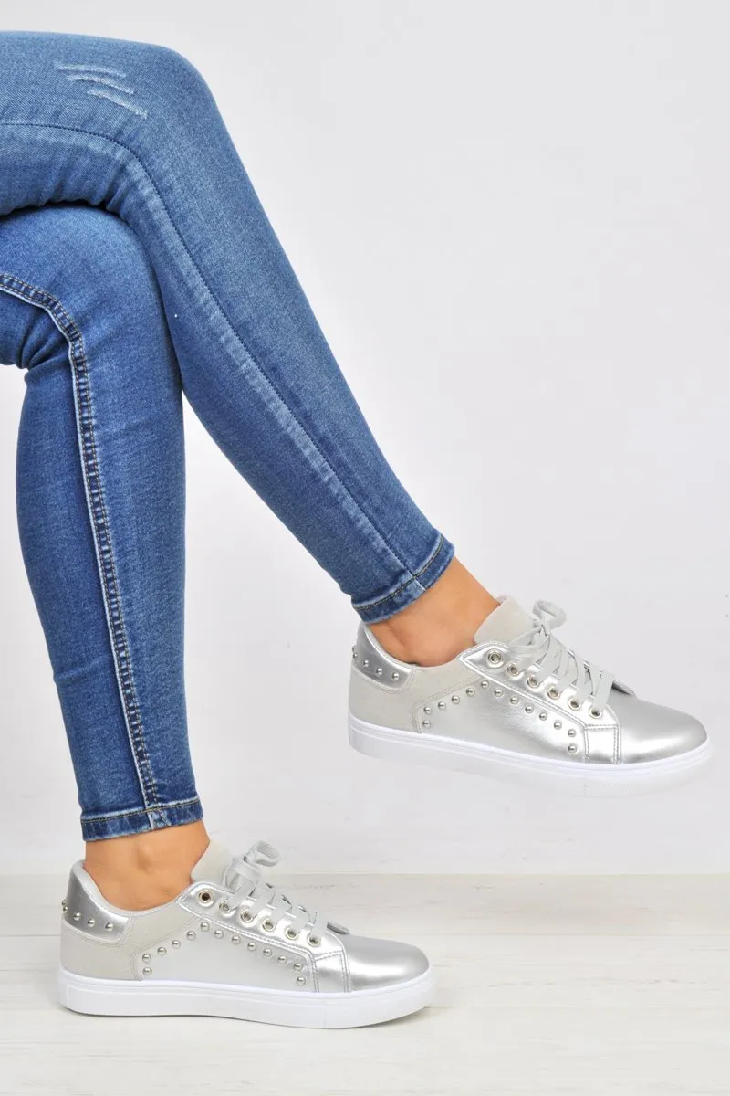 Silver Lace Up Studded Trainers - Danaly sold by Rebellious Fashion product image thumbnail 2