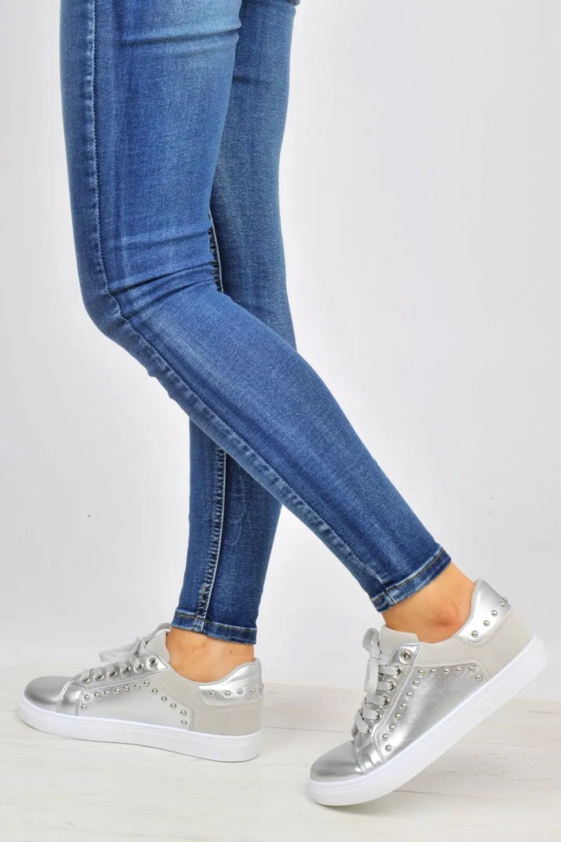 Silver Lace Up Studded Trainers - Danaly sold by Rebellious Fashion product image thumbnail 3