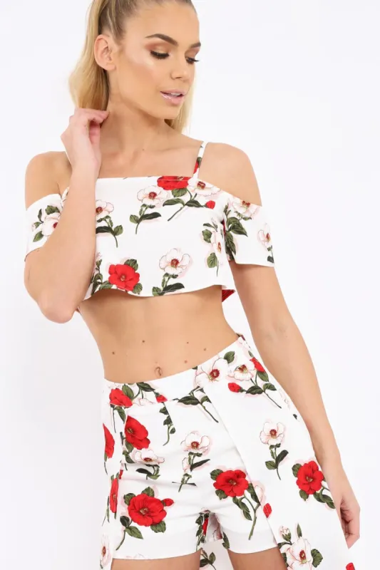 White Floral Print Cold Shoulder Frill Crop Top -  Mandi sold by Rebellious Fashion