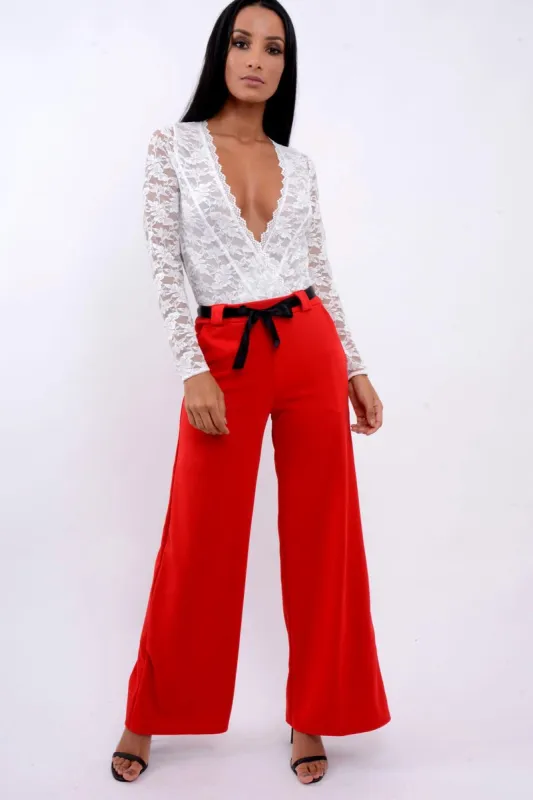 Red High Waist Flare Trousers with Black Sash Belt - Lila sold by Rebellious Fashion