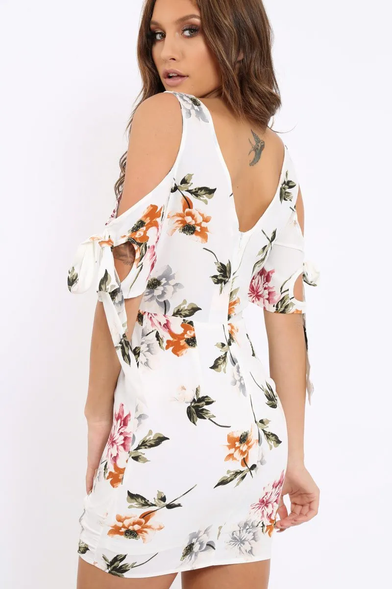 White Floral Cold Shoulder Lace Up Mini Dress - Roxina sold by Rebellious Fashion product image thumbnail 3