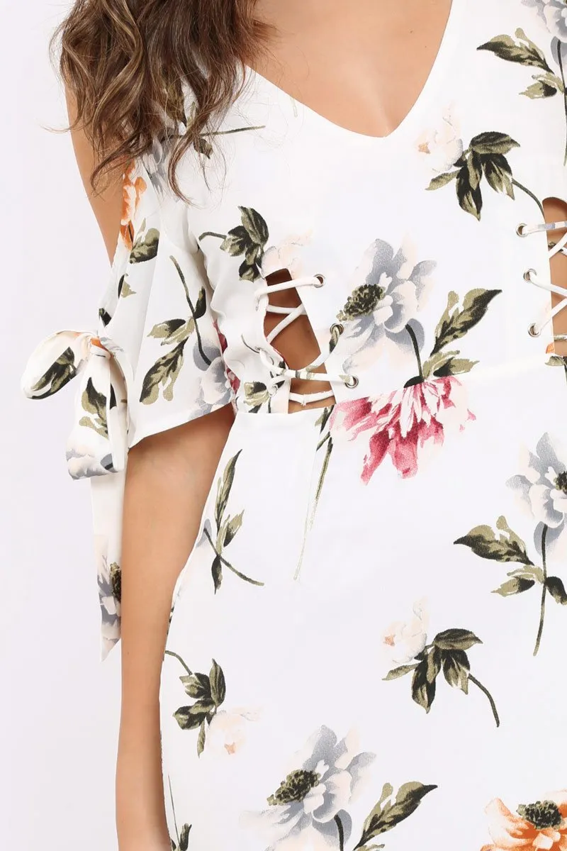 White Floral Cold Shoulder Lace Up Mini Dress - Roxina sold by Rebellious Fashion product image thumbnail 4