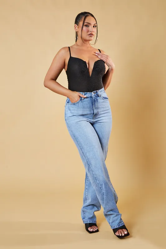 Black Glitter Plunge Neck Bodysuit - Audrey sold by Rebellious Fashion