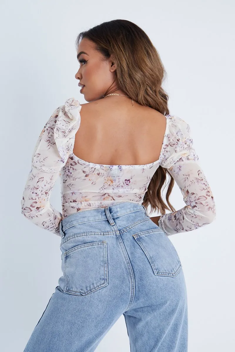 Cream Floral Puff Sleeve Bodysuit - Deana sold by Rebellious Fashion product image thumbnail 3