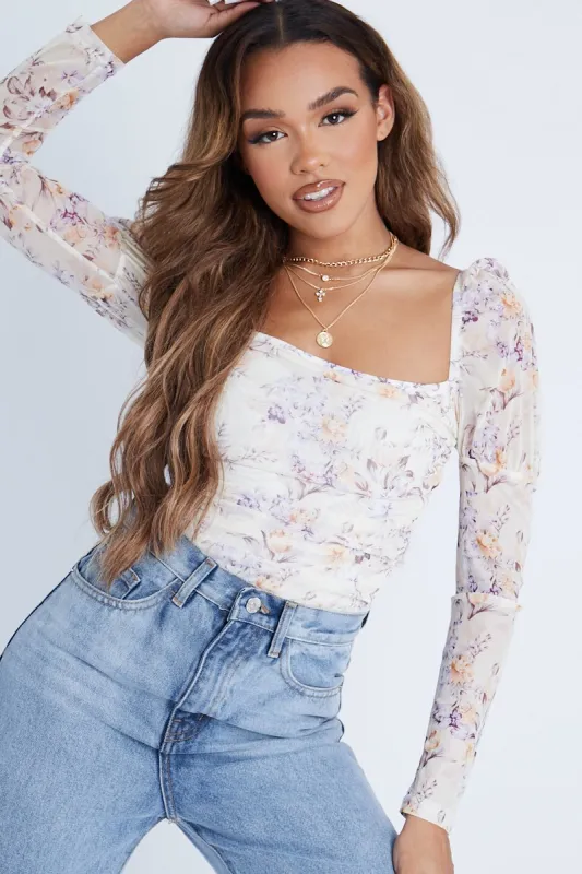 Cream Floral Puff Sleeve Bodysuit - Deana made by Rebellious Fashion