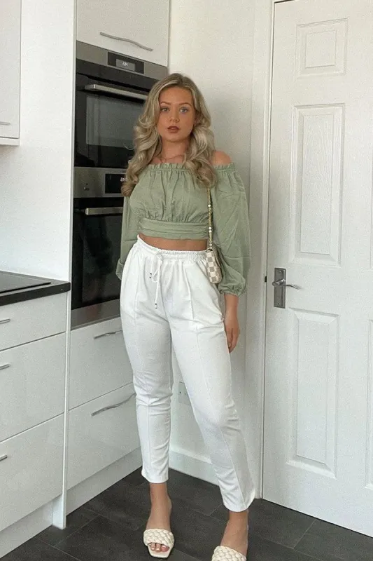 Sage Elasticated Bardot Crop Top - Amelia sold by Rebellious Fashion