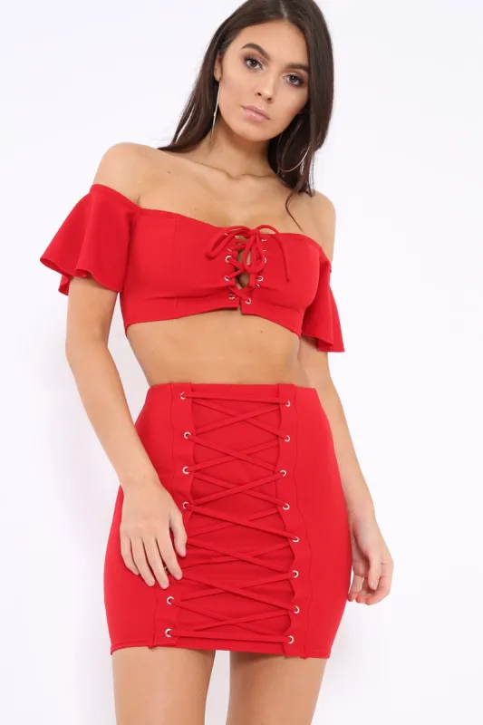 Red Lace Up Crop Top And Skirt Co-ord - Pixie sold by Rebellious Fashion