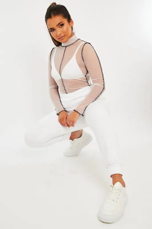 White Mesh Contrast Stitch Long Sleeve Crop Top - Evie sold by Rebellious Fashion
