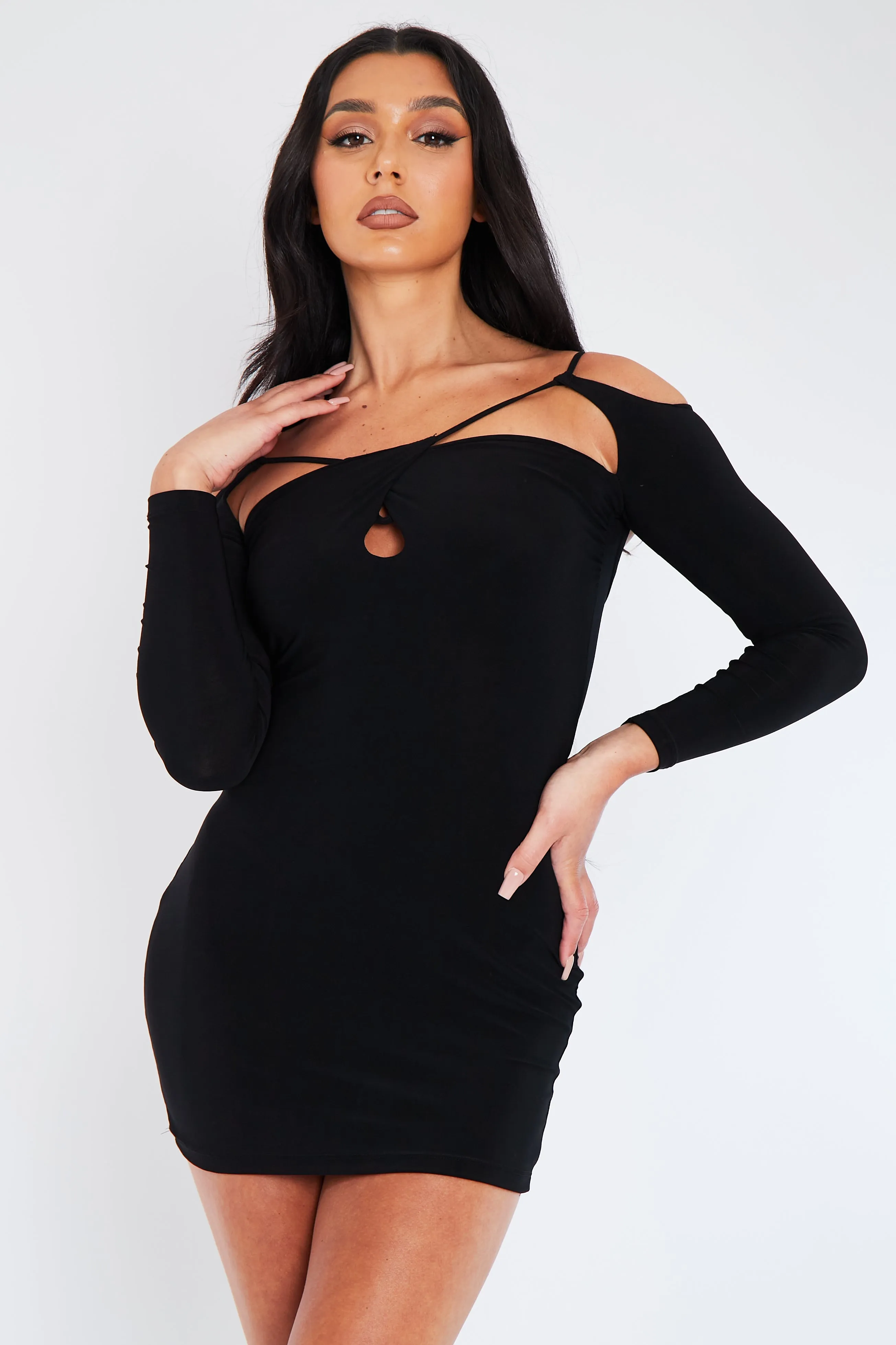 Black Cut Out Shoulders Slinky Mini Dress - Selena sold by Rebellious Fashion product image thumbnail 2