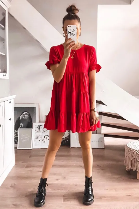 Red Smock Tiered Frill Sleeve Mini Dress - Olah made by Rebellious Fashion