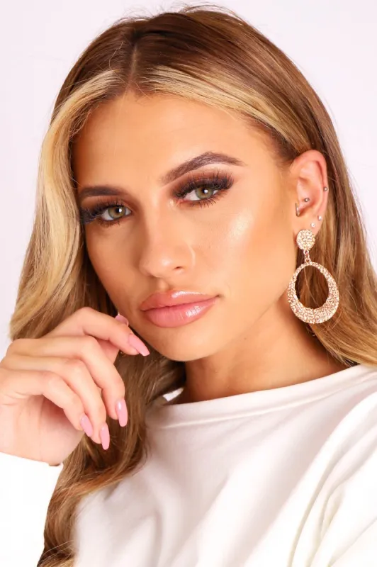 Rose Gold Diamante Drop Hoop Earrings - Vikki sold by Rebellious Fashion