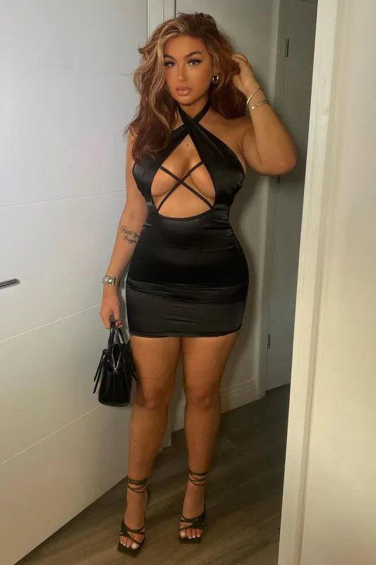 Black Satin Crossover Halter Neck Mini Dress - Romee sold by Rebellious Fashion
