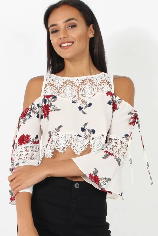 White & Red Floral Print Cold Shoulder Crop Top - Juni sold by Rebellious Fashion