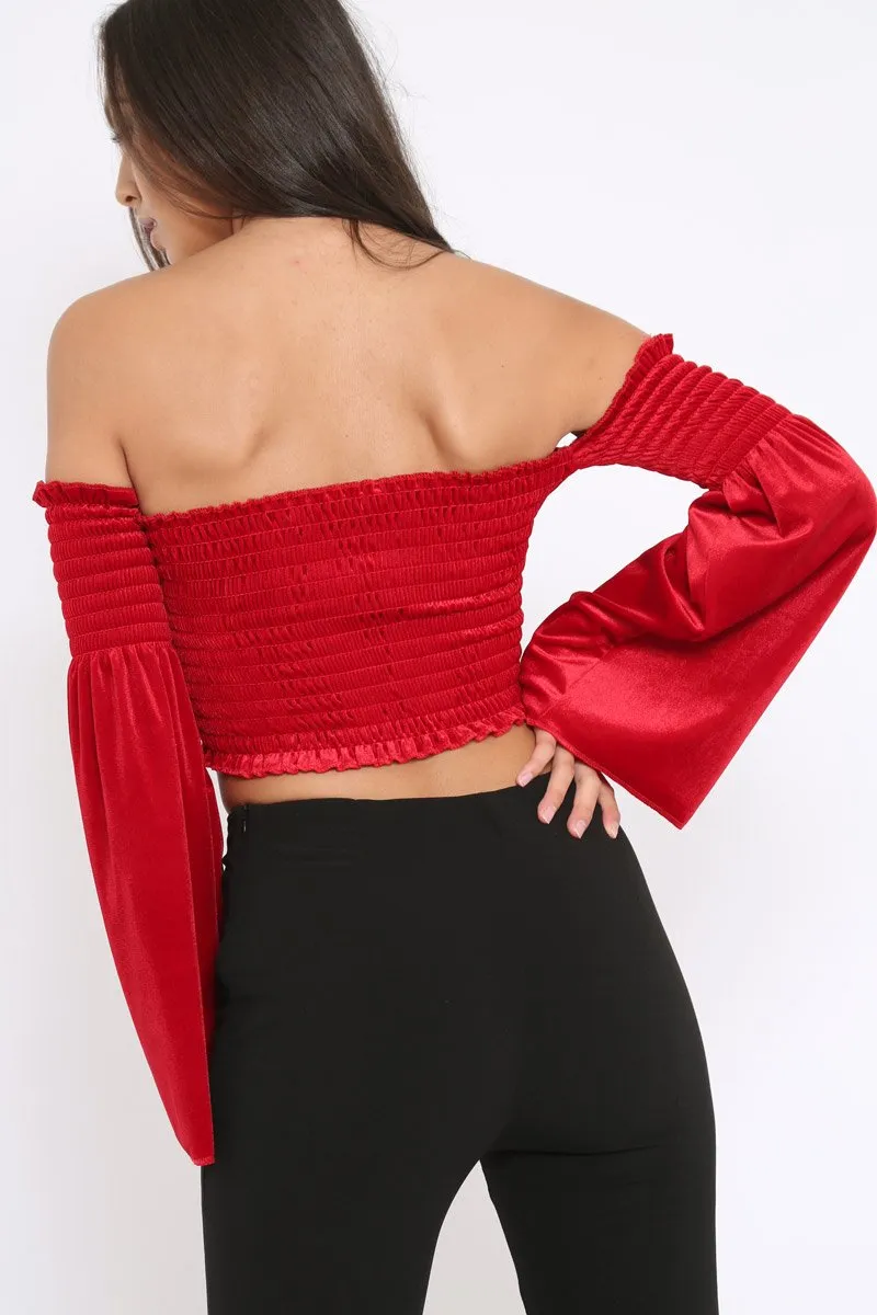 Red Velvet Bardot Shirred Crop Top with Flared Sleeves - Shera sold by Rebellious Fashion product image thumbnail 3