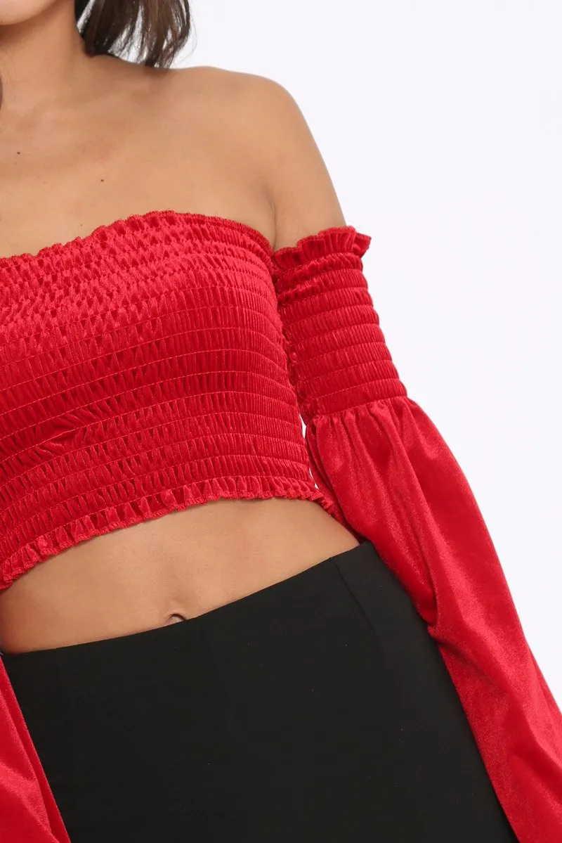Red Velvet Bardot Shirred Crop Top with Flared Sleeves - Shera sold by Rebellious Fashion product image thumbnail 5