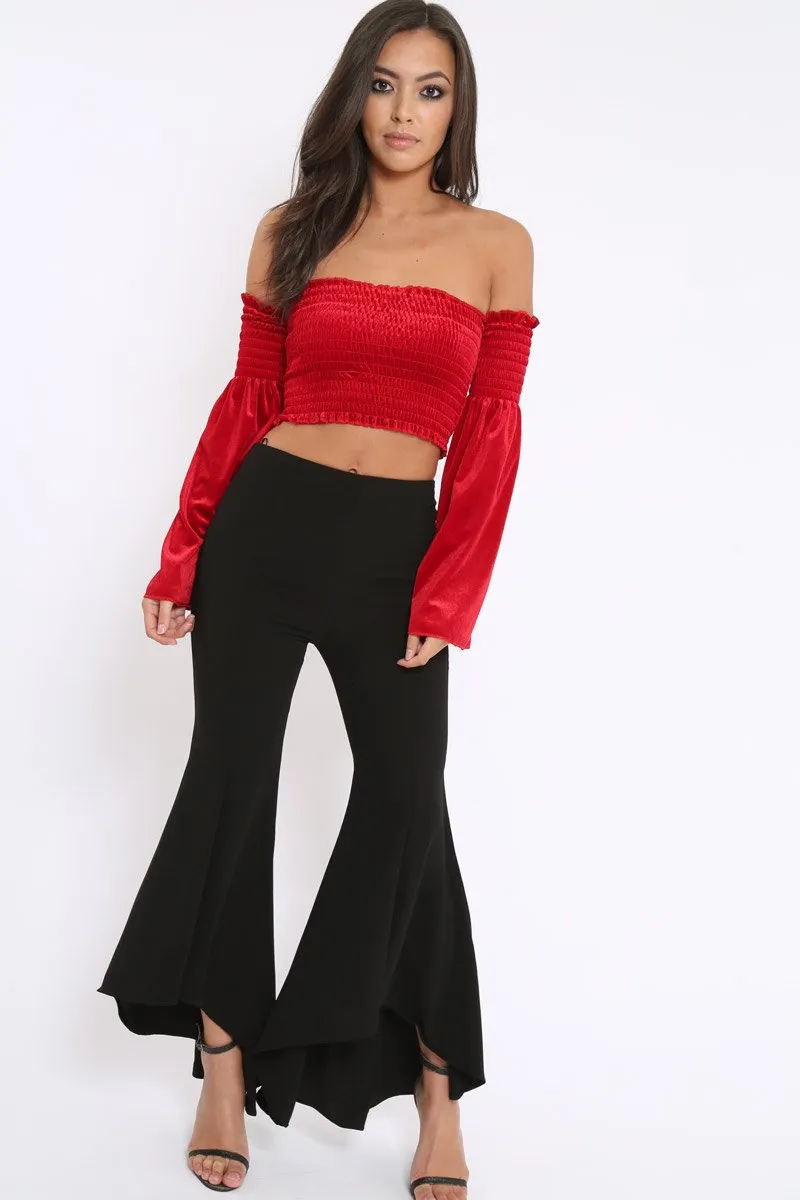 Red Velvet Bardot Shirred Crop Top with Flared Sleeves - Shera sold by Rebellious Fashion product image thumbnail 4