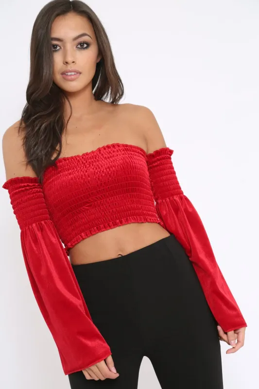 Red Velvet Bardot Shirred Crop Top with Flared Sleeves - Shera sold by Rebellious Fashion