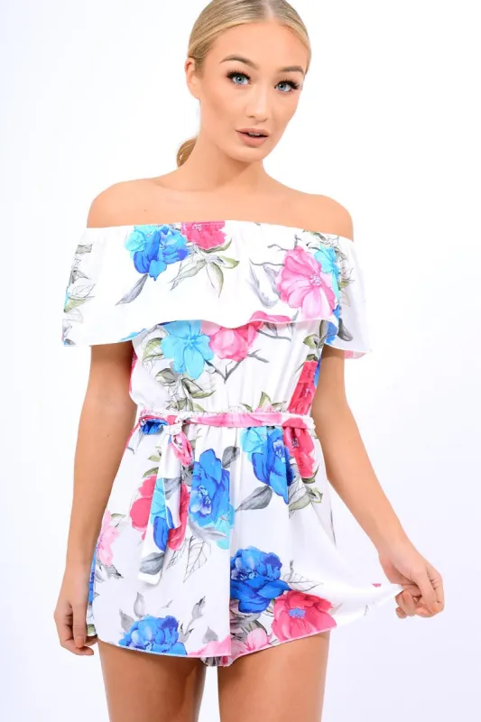 White Floral Off Shoulder Playsuit - Tillie sold by Rebellious Fashion