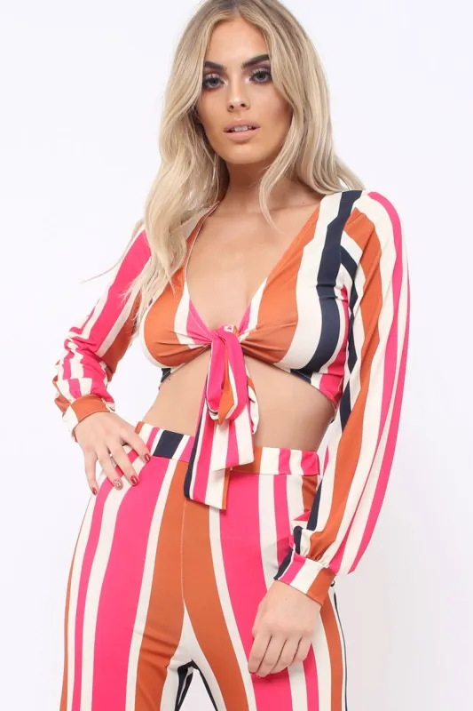 Pink Multi Stripe Plunge Tie Top - Nali sold by Rebellious Fashion