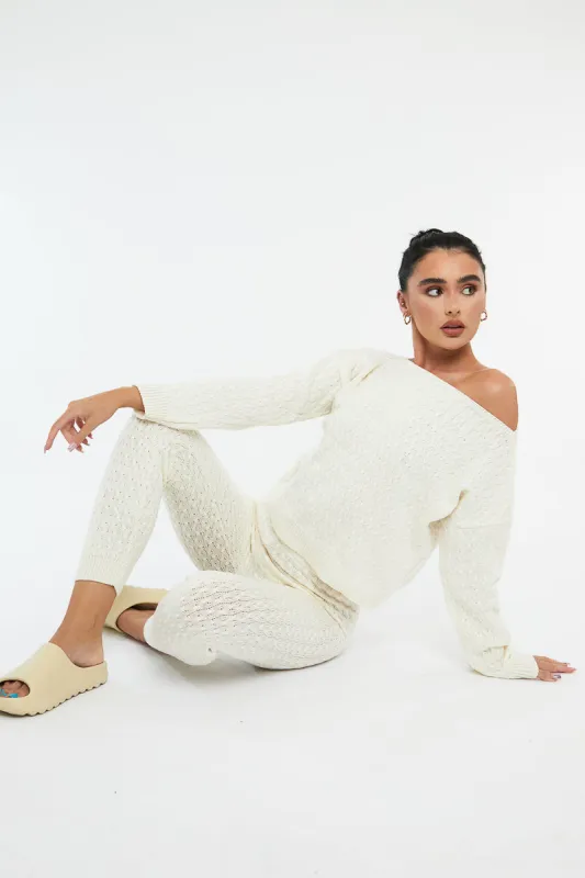 Cream Knit Cropped Jumper & Jogger Set - Kezzie sold by Rebellious Fashion