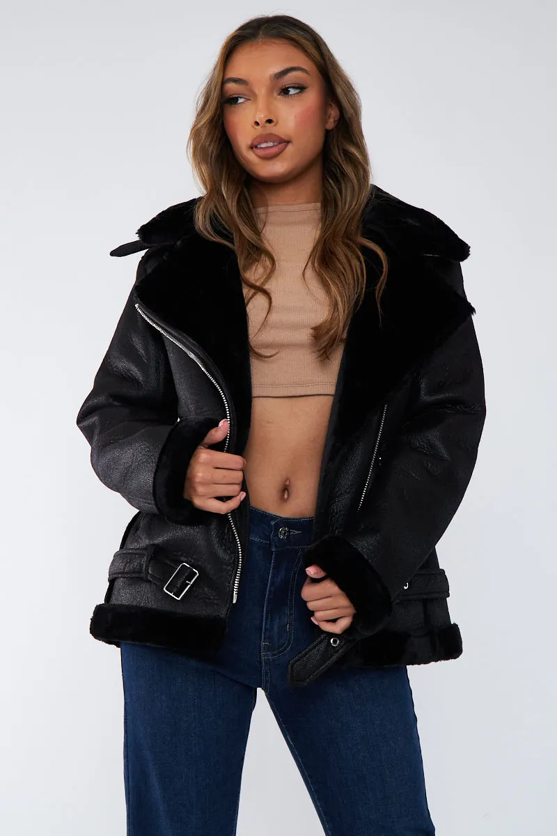 Black Faux Leather Aviator Jacket - Juniper sold by Rebellious Fashion product image thumbnail 2