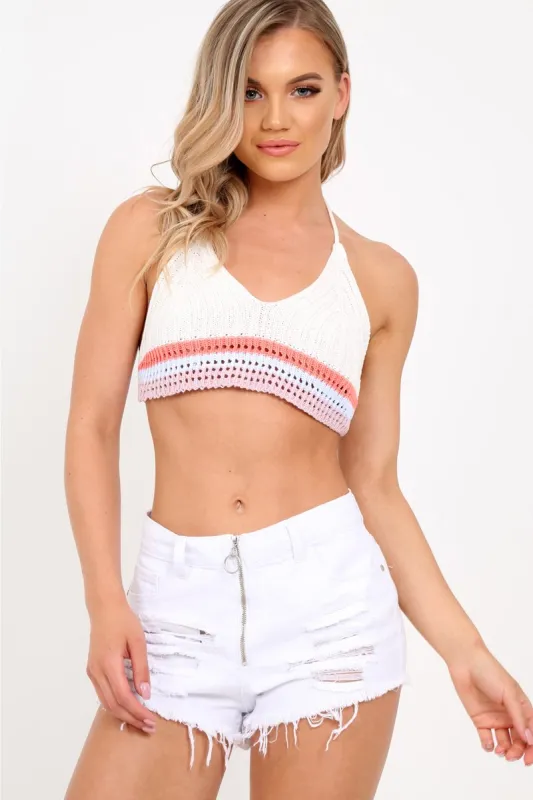 White Crochet Multi Hem Halterneck Crop Top - Aby made by Rebellious Fashion