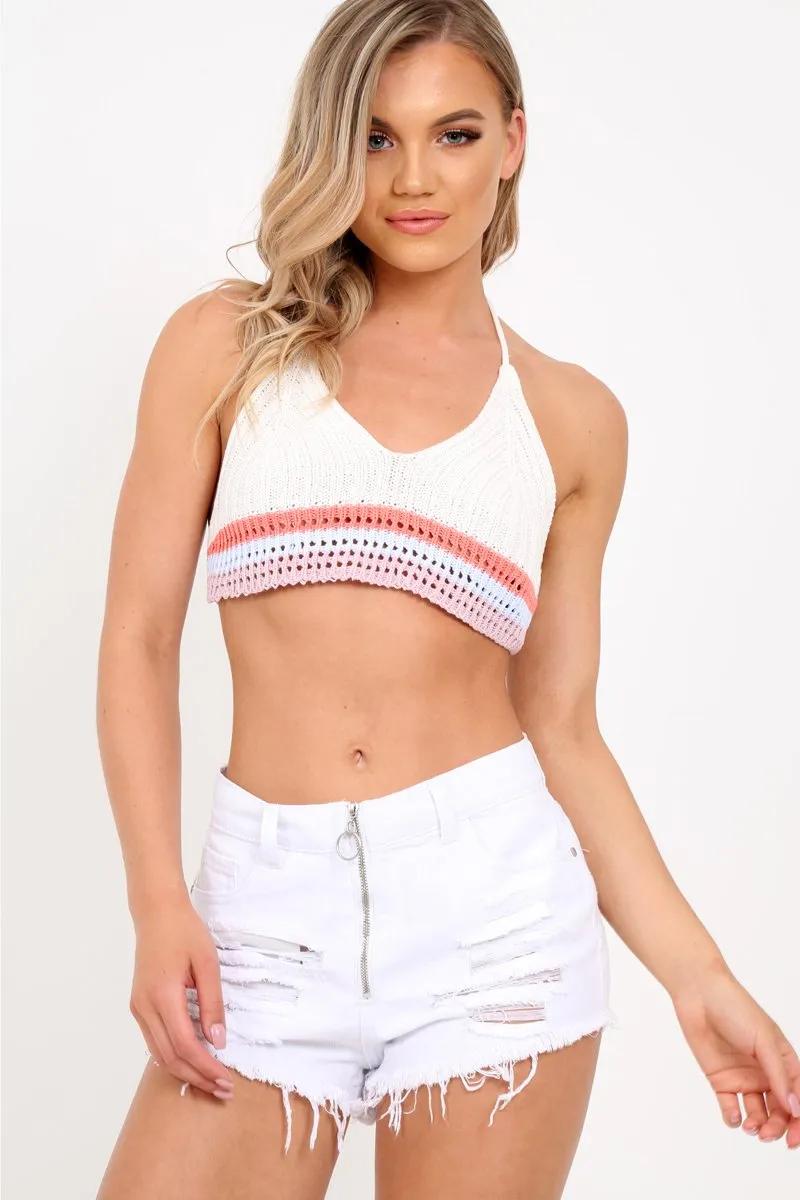 White Crochet Multi Hem Halterneck Crop Top - Aby sold by Rebellious Fashion