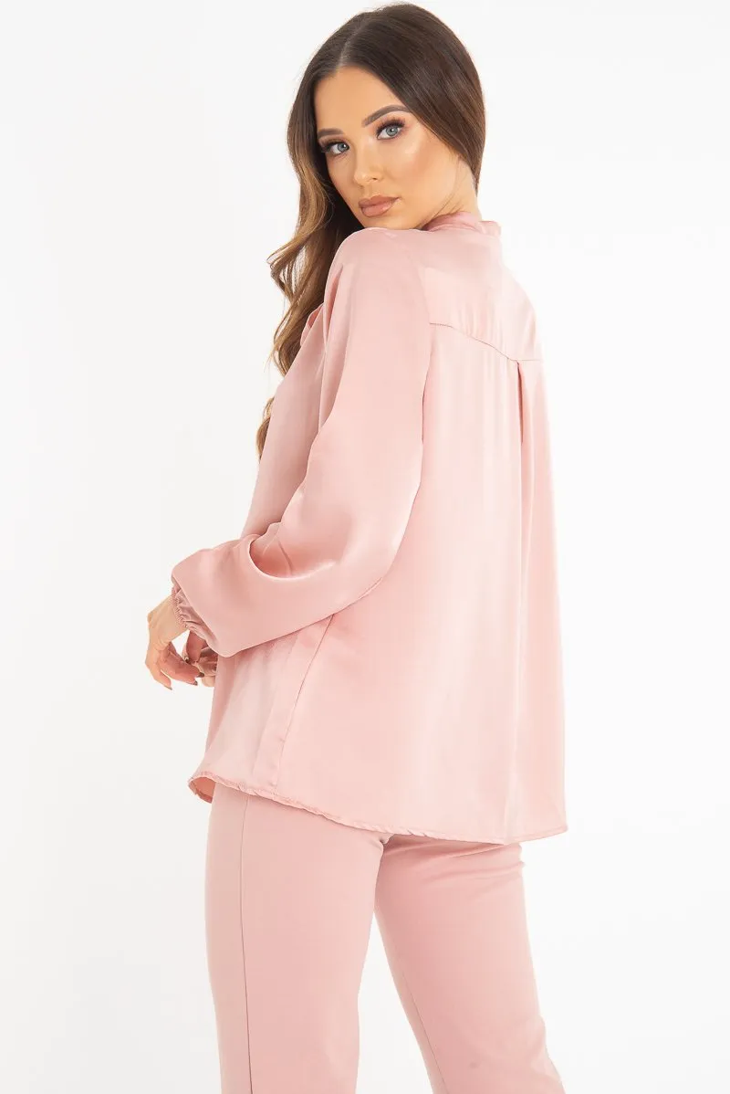 Pink Satin Tie Front Long Sleeve Blouse - Cherie sold by Rebellious Fashion product image thumbnail 2