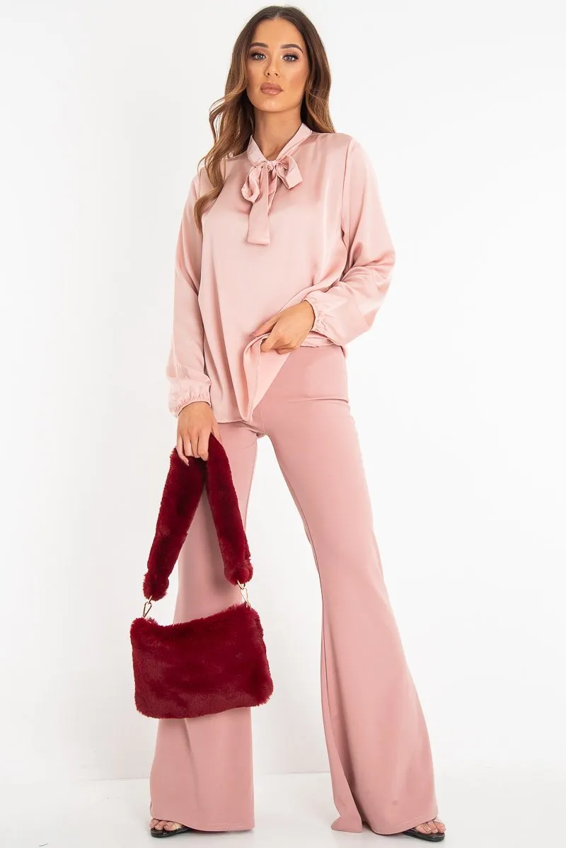 Pink Satin Tie Front Long Sleeve Blouse - Cherie sold by Rebellious Fashion product image thumbnail 3