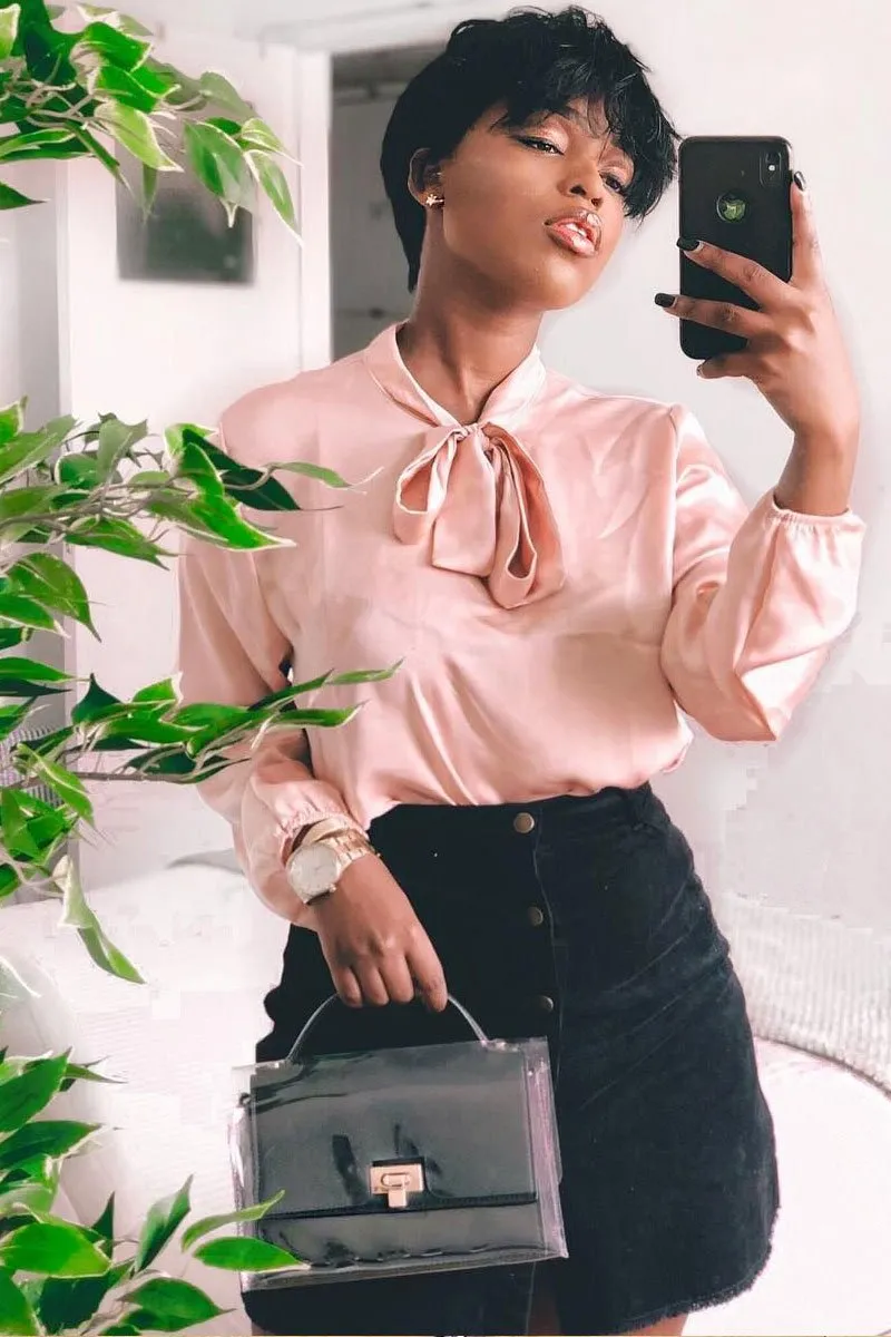 Pink Satin Tie Front Long Sleeve Blouse - Cherie sold by Rebellious Fashion