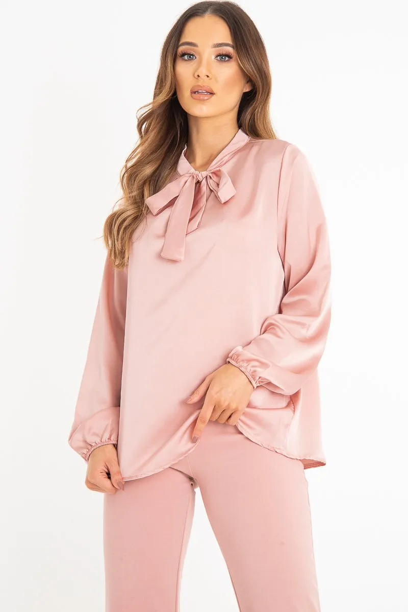 Pink Satin Tie Front Long Sleeve Blouse - Cherie sold by Rebellious Fashion product image thumbnail 5