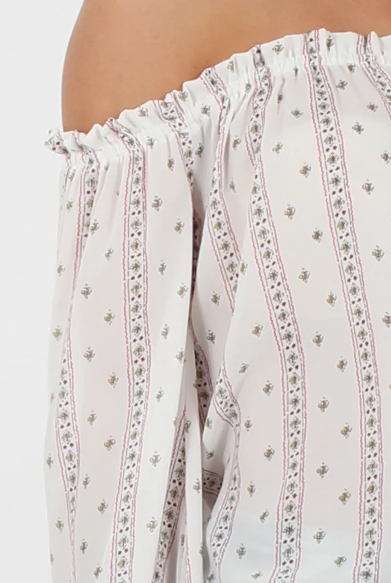 White Pattern Bardot Three Quarter Bell Sleeve Crop- Chantelle sold by Rebellious Fashion product image thumbnail 4