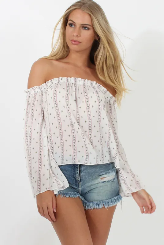 White Pattern Bardot Three Quarter Bell Sleeve Crop- Chantelle sold by Rebellious Fashion