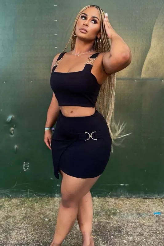 Black Buckle Crop Top and Asymmetric Skirt Set - Natalie sold by Rebellious Fashion
