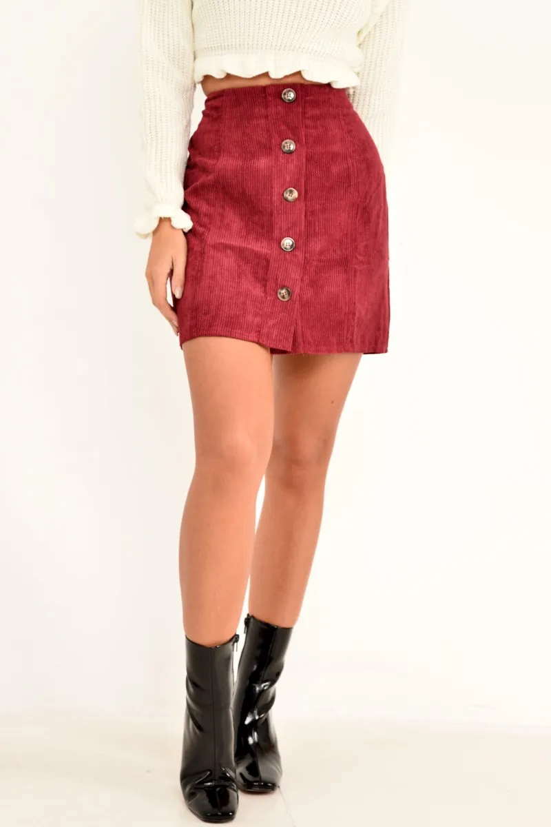 Wine Corduroy Button Front Mini Skirt - Elcie sold by Rebellious Fashion product image thumbnail 4