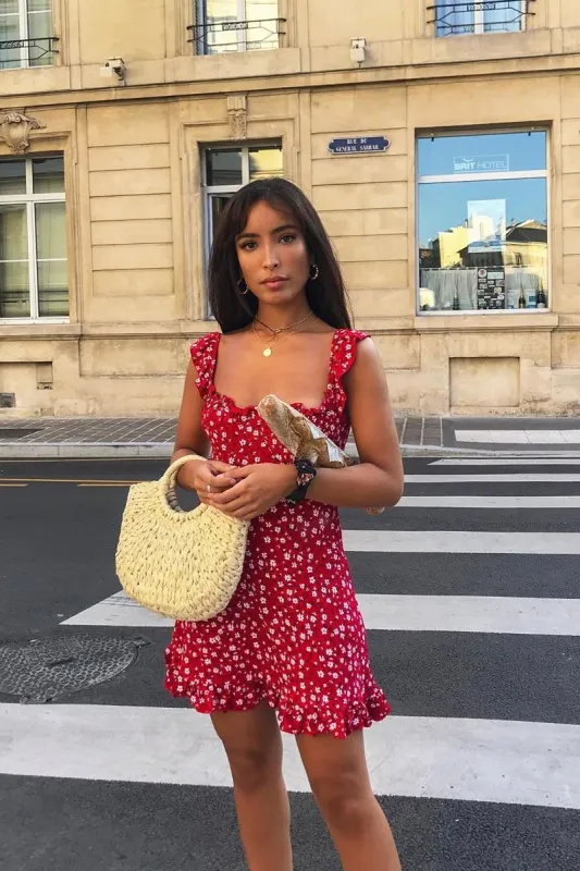 Red Floral Print Ruffle Dress - Linda made by Rebellious Fashion