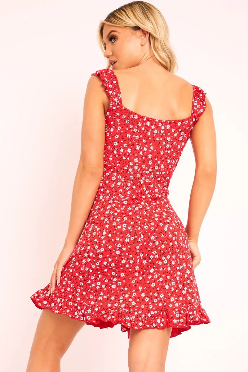 Red Floral Print Ruffle Dress - Linda sold by Rebellious Fashion product image thumbnail 5