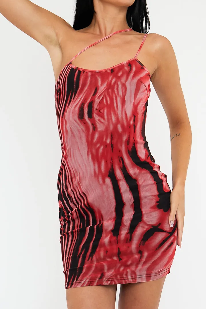 Red Zebra Print Mesh Asymmetric Straps Mini Dress - Tuliya sold by Rebellious Fashion product image thumbnail 4