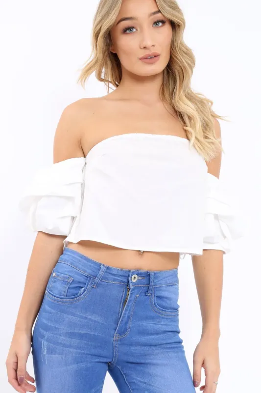 White Bardot Ruched Sleeve Crop Top - Corinne sold by Rebellious Fashion
