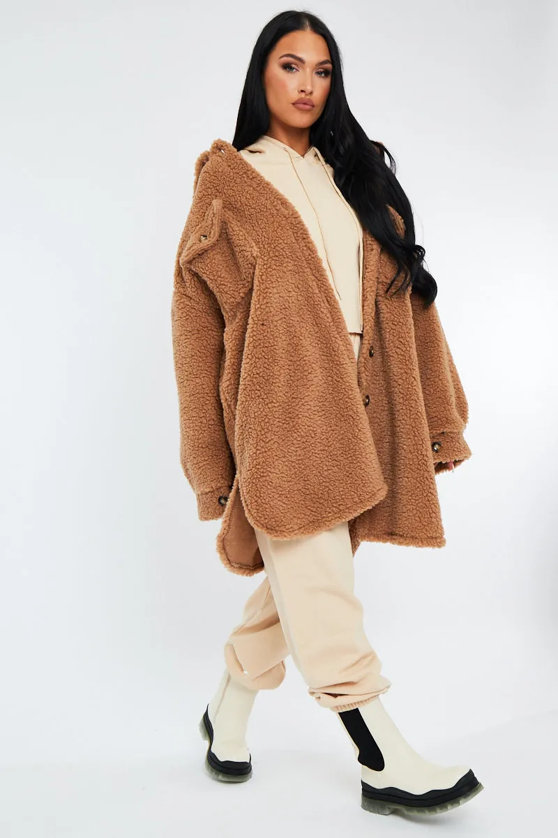 Camel Pocket Front Teddy Shacket - Ozie sold by Rebellious Fashion product image thumbnail 2