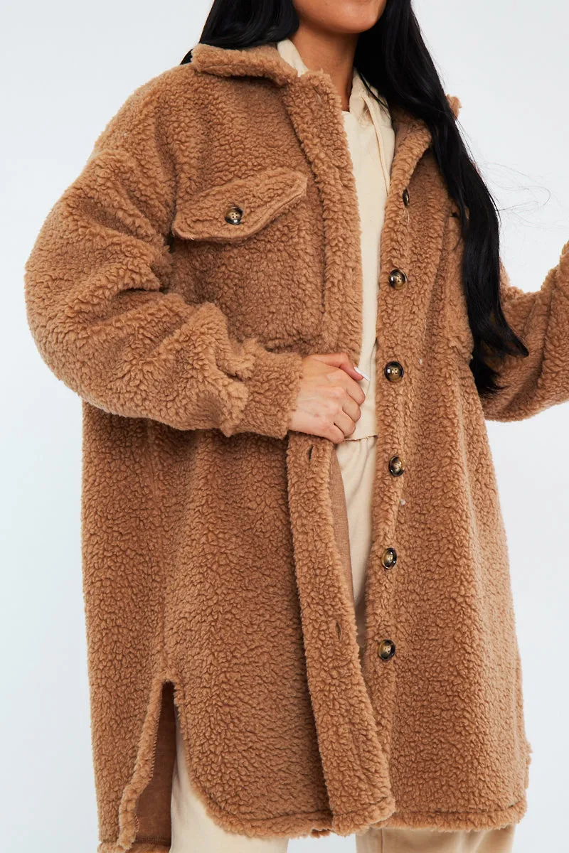 Camel Pocket Front Teddy Shacket - Ozie sold by Rebellious Fashion product image thumbnail 4