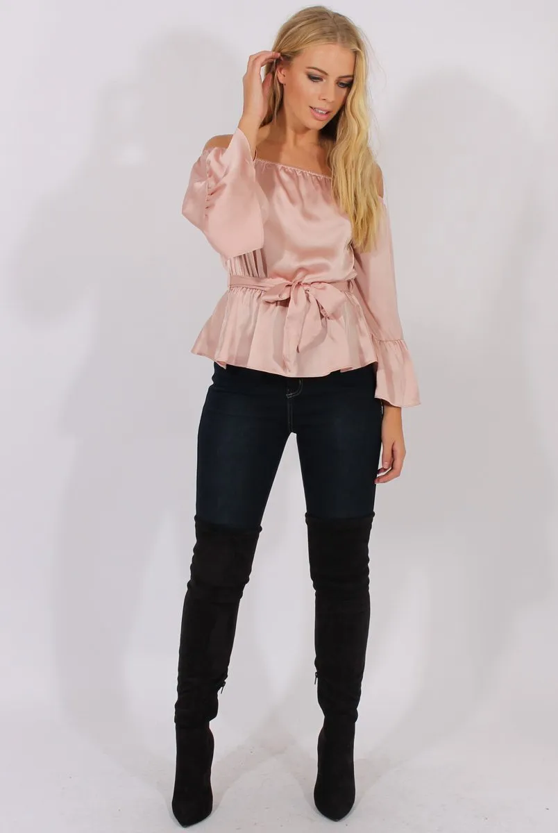 Pink Silk Bardot Bell Sleeves Top - Fawn sold by Rebellious Fashion product image thumbnail 4
