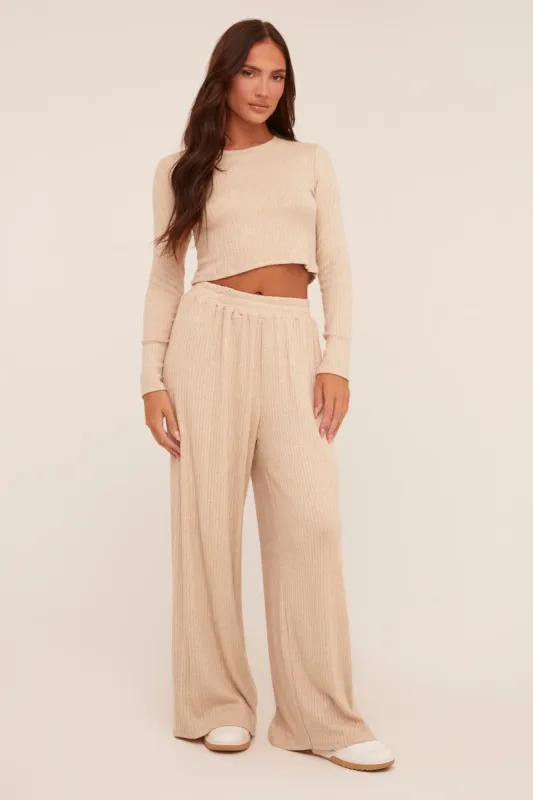 Beige Rib Knit Long Sleeve Top & Wide Leg Trouser Co-ord Set - Damia sold by Rebellious Fashion