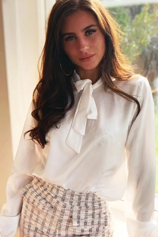 White Satin Tie Front Long Sleeve Blouse - Cherie sold by Rebellious Fashion