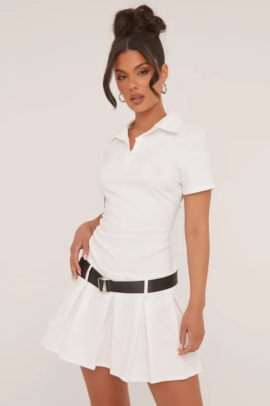 Cream Pleated Hem Belt Detail Mini Dress - Millie sold by Rebellious Fashion